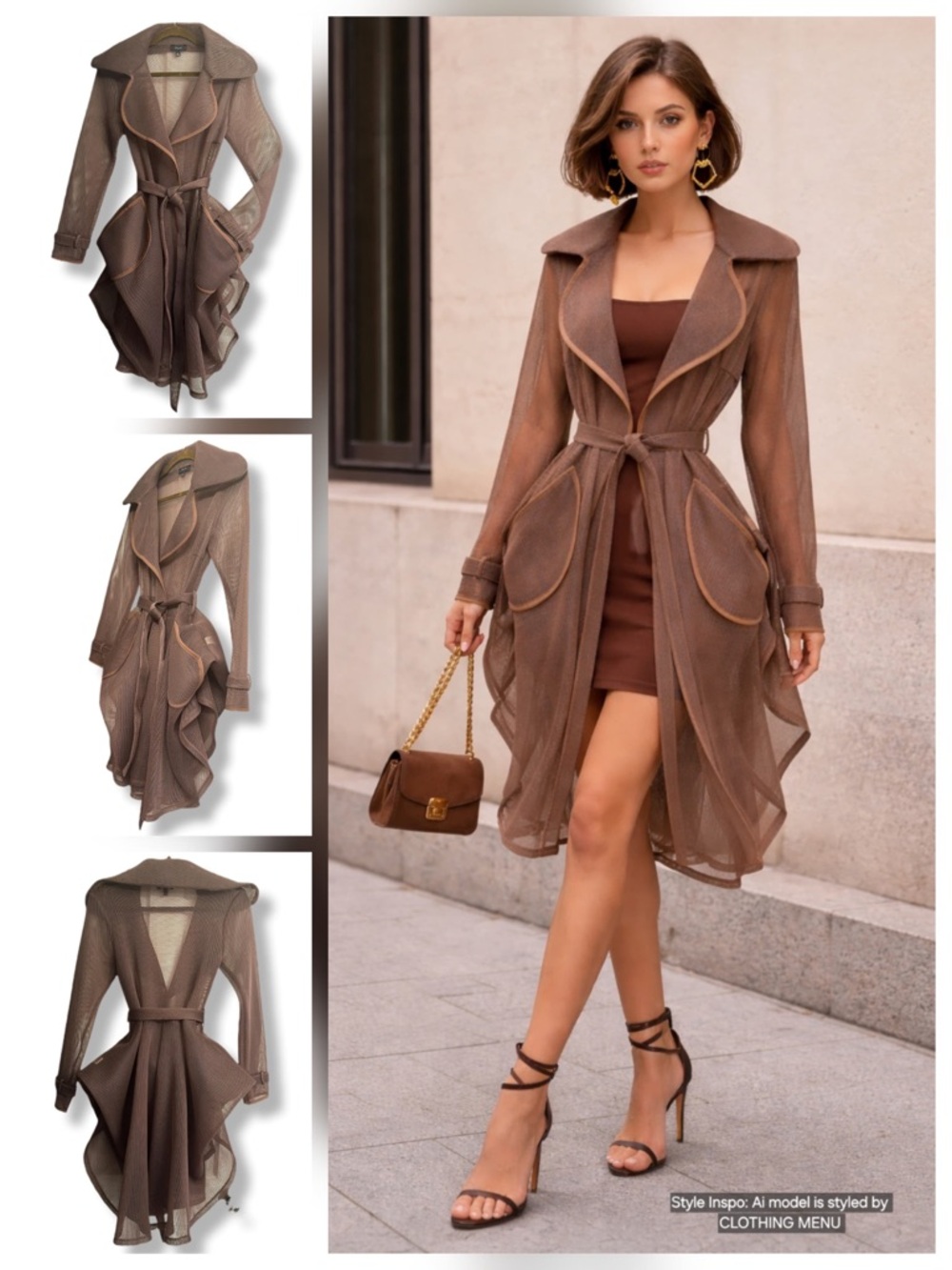Brown Mesh Trench Coat – Belted Open Front Stretch | Women's Size: Medium - Picture 9 of 16